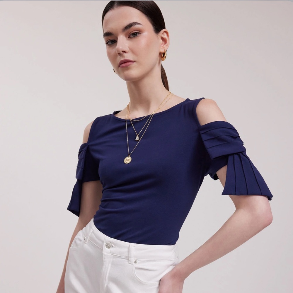 Anne Fontaine Myrtille Top, Navy Jersey Cotton Open Shoulders Bow Detail, Sz 38